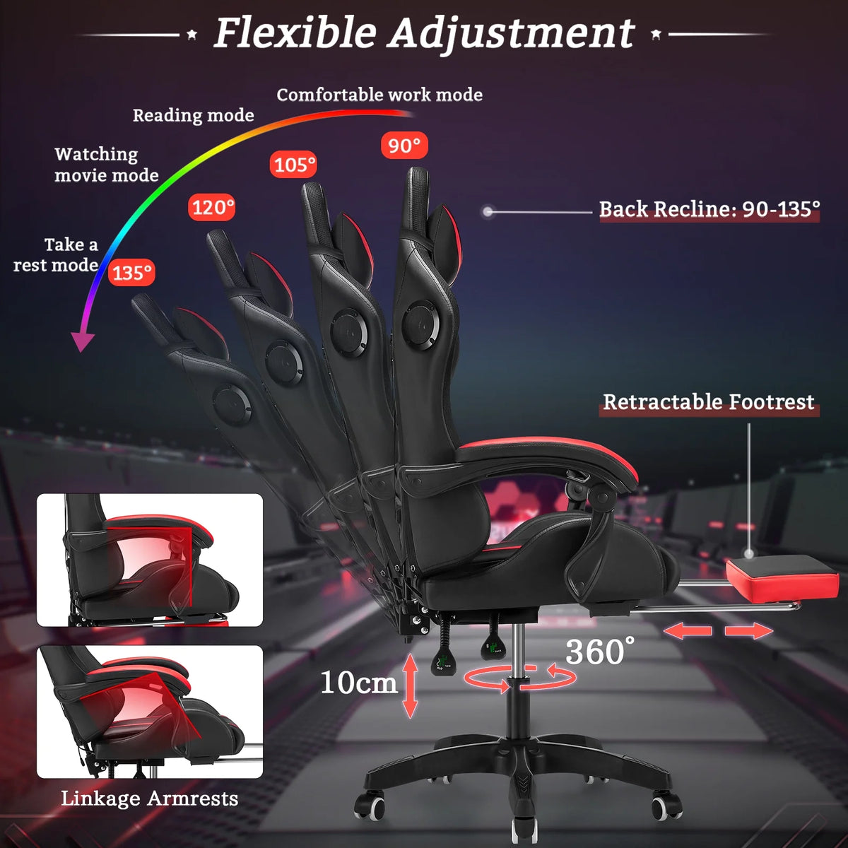 Hoffree Gaming Chair with Bluetooth Speakers and Footrest Massage Office Chair with LED Lights Ergonomic Game Chair High Back with Lumbar Support and Headrest Adjustable Swivel for Adults 300lb