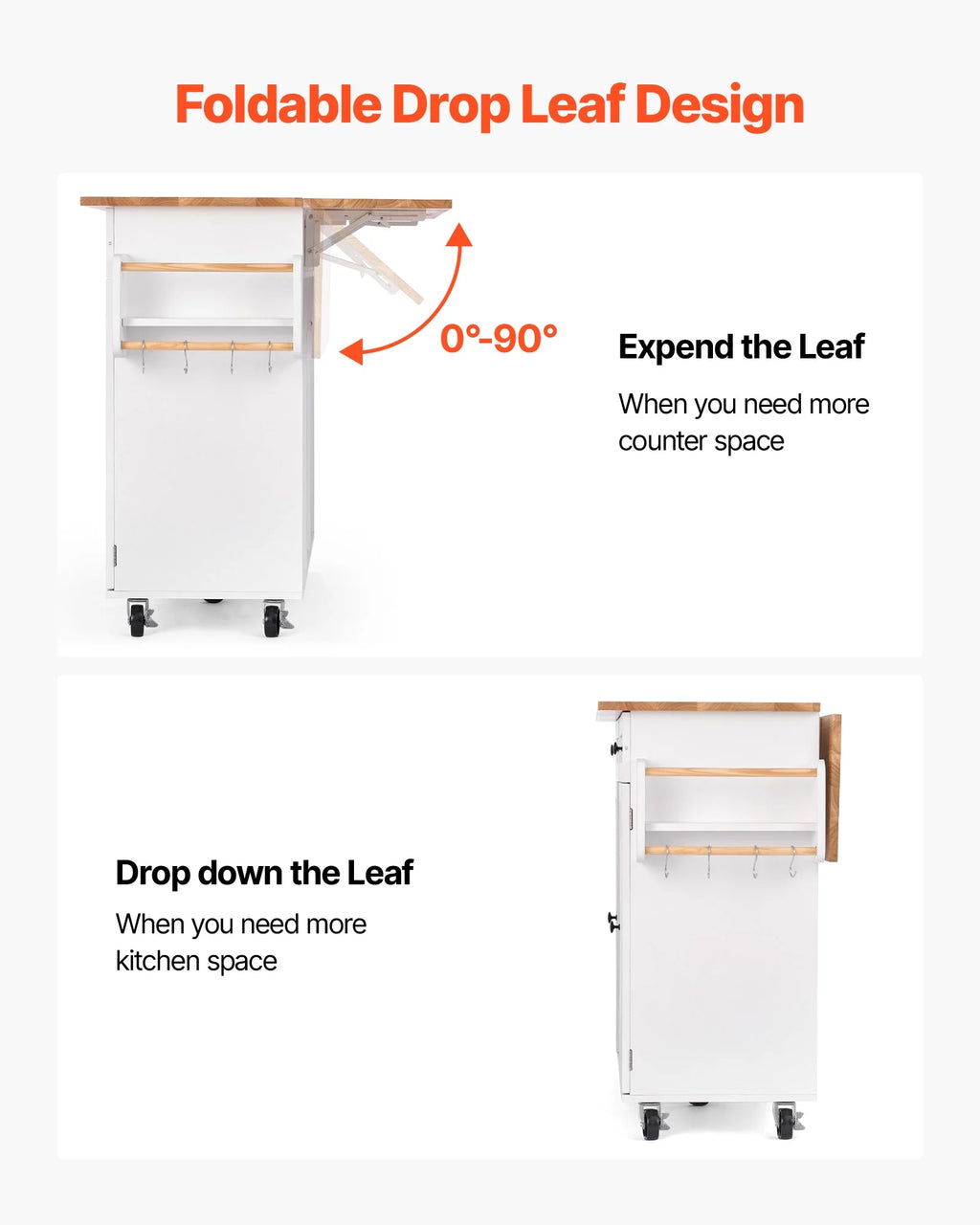 VEVOR Kitchen Island Cart, with Solid Wood Top and Storage Cabinet, Mobile Rolling Table with Drop Leaf,Drawers, Spice Towel Rack,Portable Islands on Swivel Wheels for Dining Room,52in Width,White