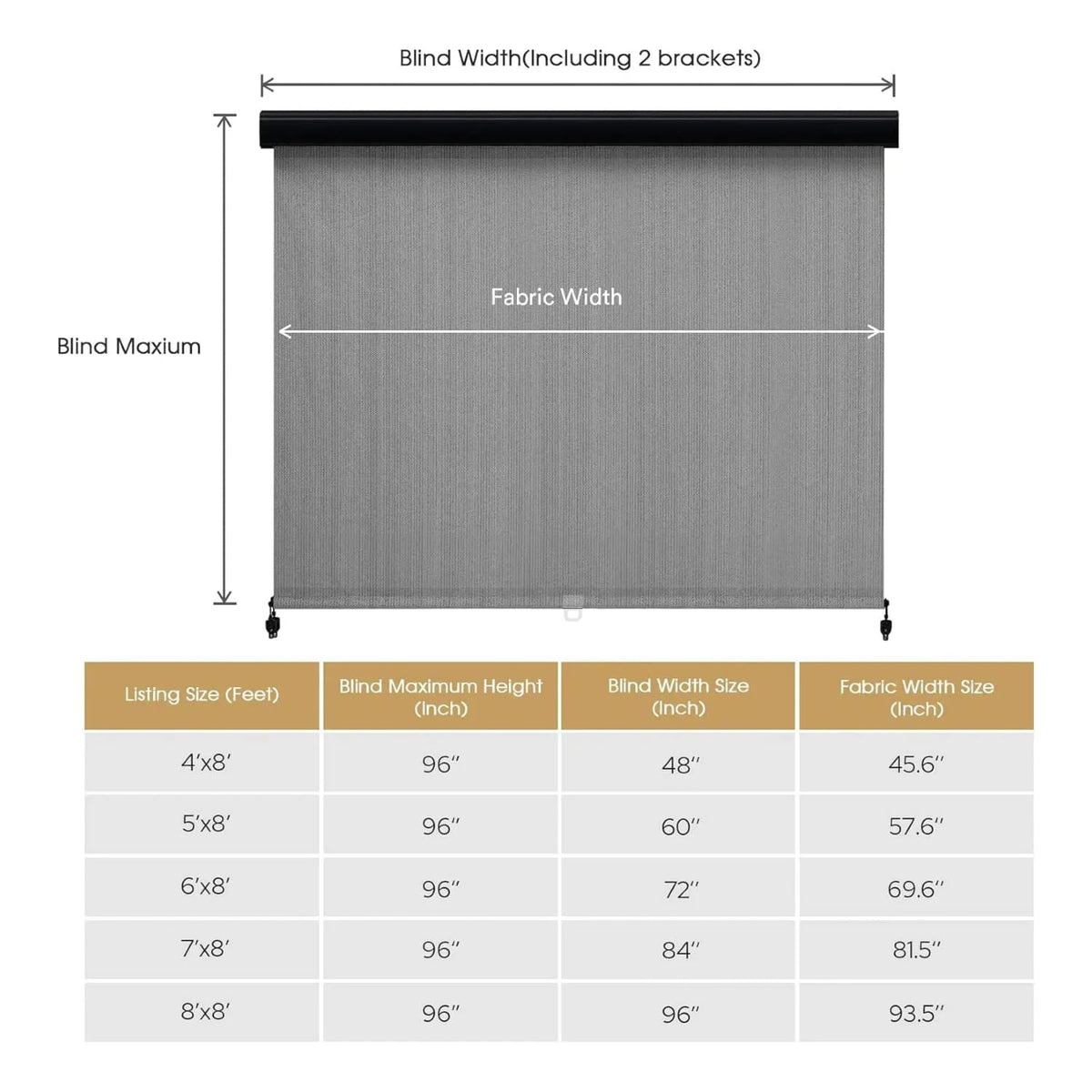 Vicllax Outdoor Patio Blinds Sun Shades Spring Roller Shade with Valance for Patio, Gray, 8'Wx8'H