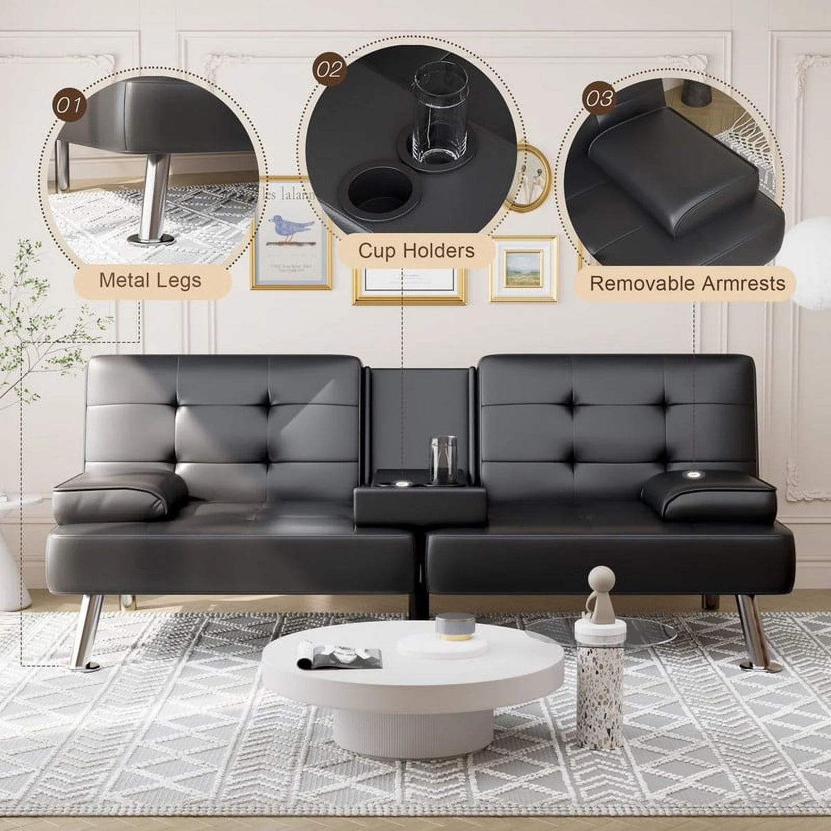 Furmax Futon Sofa Bed Convertible Folding Faux Leather Couch with 2 Cup Holders,Black