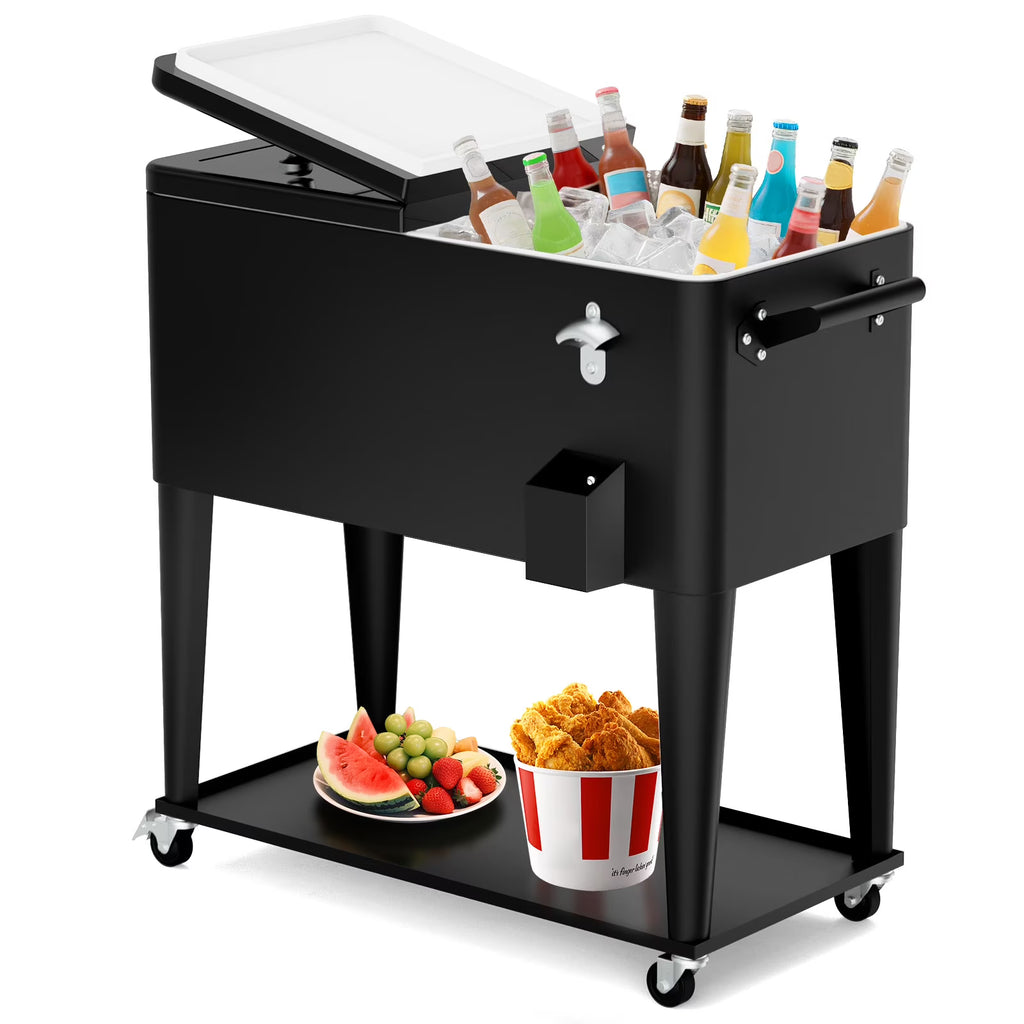 FreeLung 80QT Rolling Cooler Cart with Wheels Ice Chest Outdoor Backyard Coolers on Wheels Silver