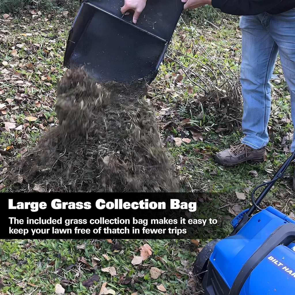 BILT HARD Dethatcher Scarifier Electric Powered, 12 Amp Copper Motor 13 inch Raking Width with 8 gal Thatch Bag