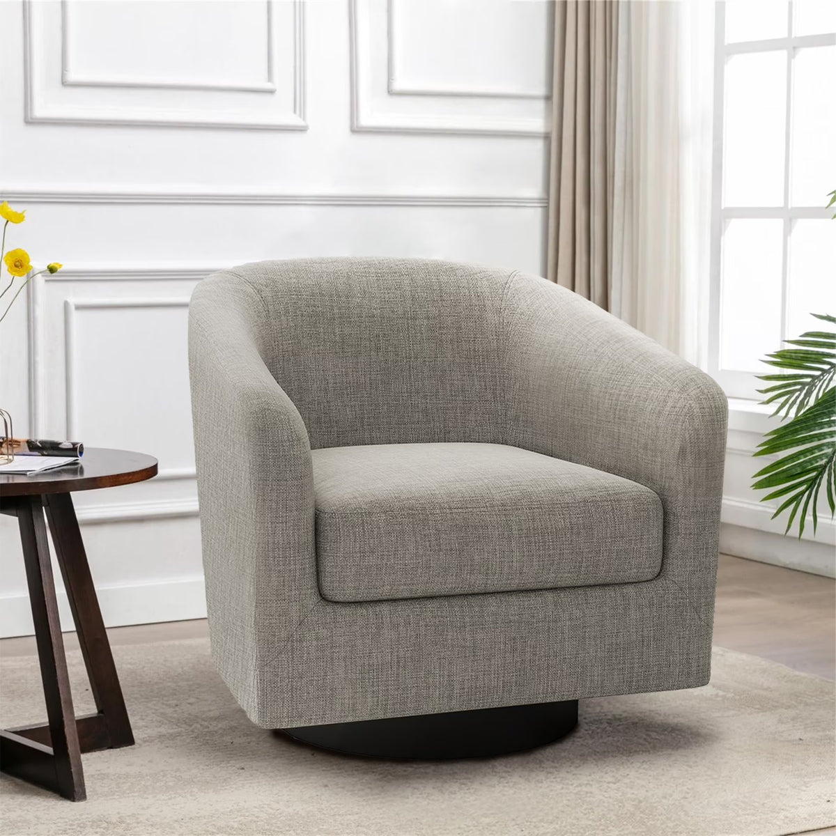 UIXE Swivel Accent Chair, Upholstered Fabric Barrel Chair for Living Room, Small Single Sofa Bedroom Reading Seat, Light Gray