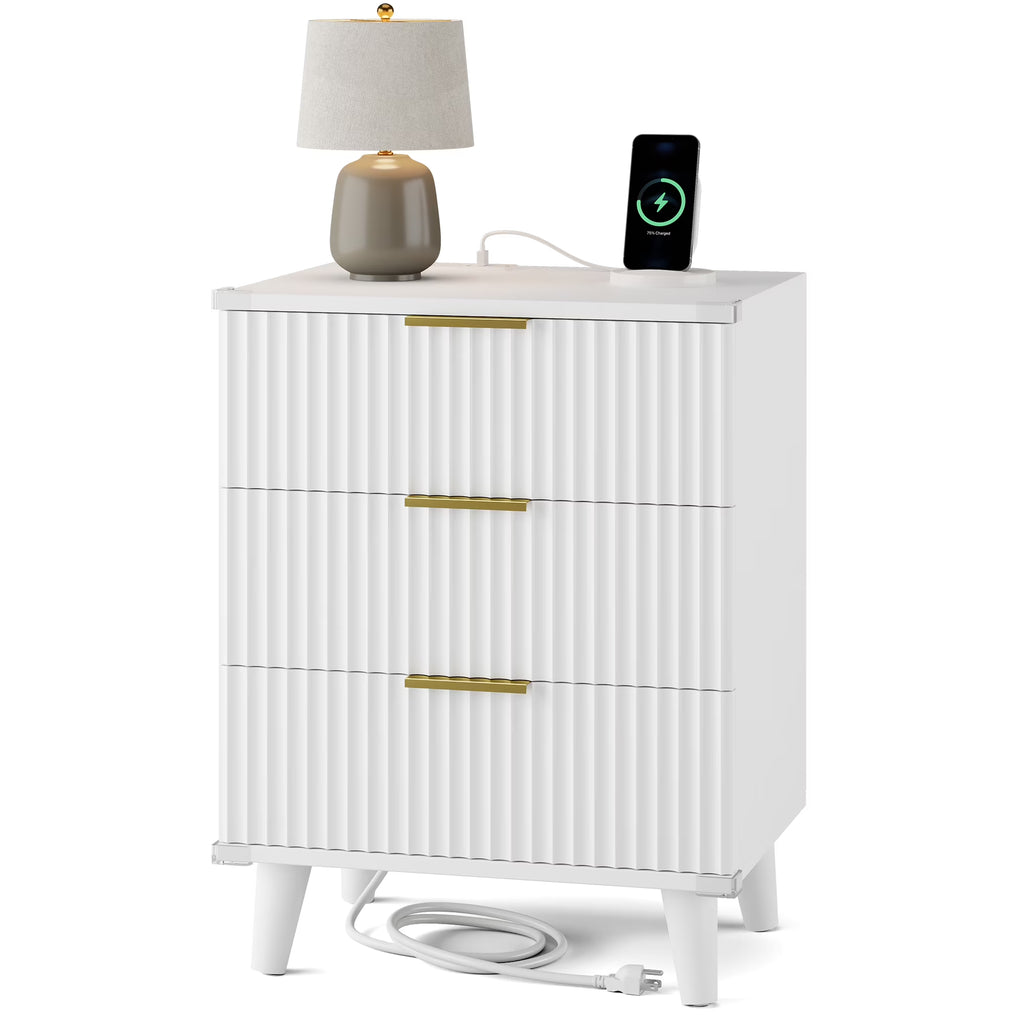 GIKPAL Night Stands for Bedroom, Modern Bedside Table with 3 Drawers & Charging Station,Fluted Panel End Tables for Bedroom  & Living Room, Natural