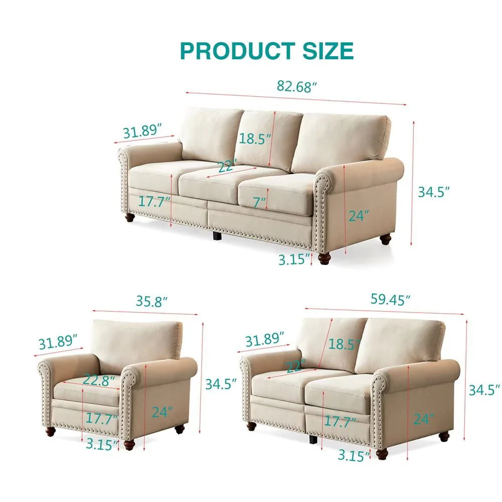 59.5inch Sofa, Modern Upholstered Loveseat with Silver Nailheads, Living Room Couch with Rolled Armrests and Thick Cushion, Beige
