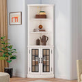 Merluxy Curved Corner Cabinet, 65" Wood Bookcase with 3 Shelves, Distressed White