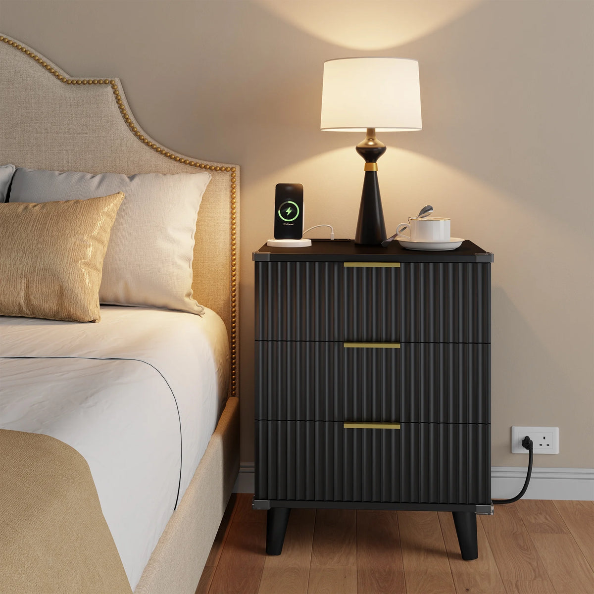 GIKPAL Night Stands for Bedroom, Modern Bedside Table with 3 Drawers & Charging Station,Fluted Panel End Tables for Bedroom  & Living Room, Natural