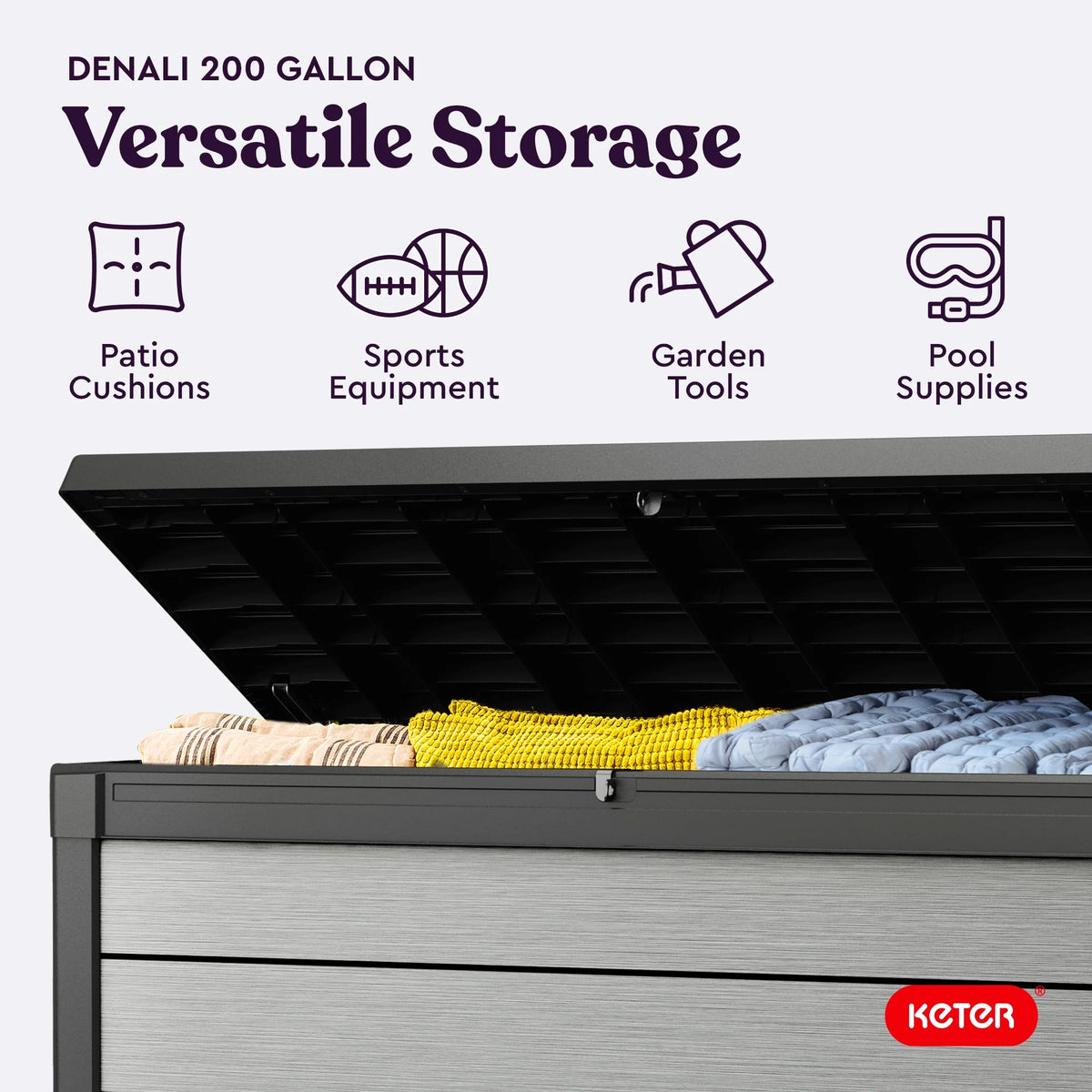 Keter Denali Grey 200 Gallon Durable Resin Outdoor Storage Deck Box Ideal Store Garden Tools and Pool Toys, Grey