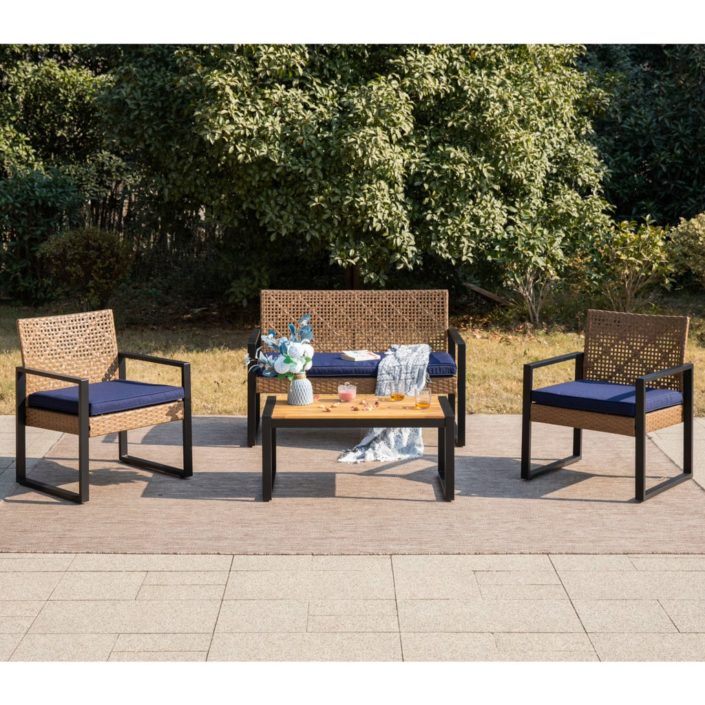 MF Studio 4-Piece All-Weather Rattan Patio Furniture Set, Outdoor Conversation Set with Wood Table, Brown and Beige