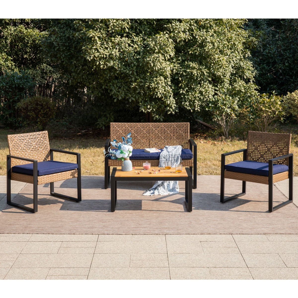 MF Studio 4-Piece All-Weather Rattan Patio Furniture Set, Outdoor Conversation Set with Wood Table, Brown and Beige