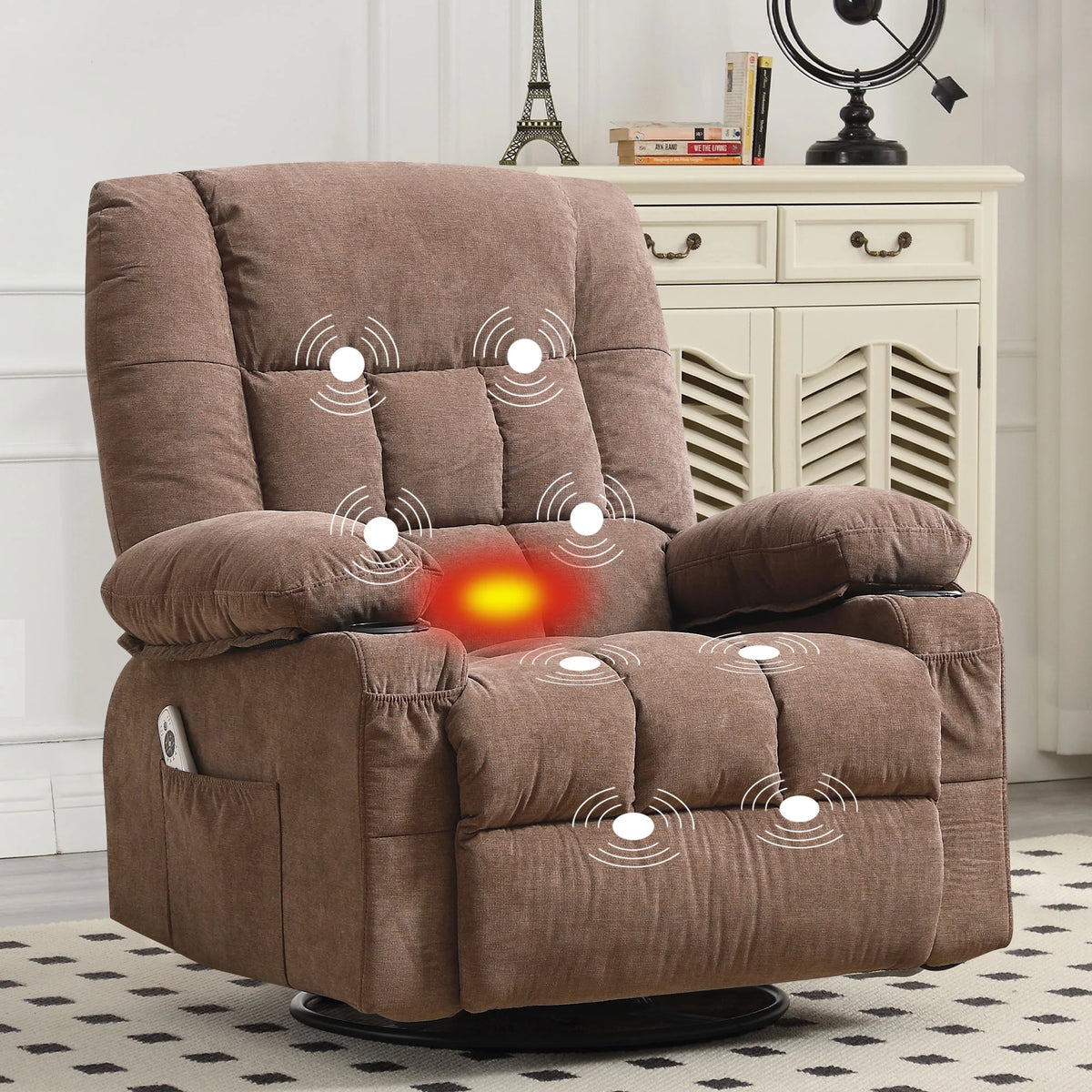JONPONY Massage Swivel Rocker Recliner Chair with Vibration Massage and Heat Ergonomic Lounge Chair for Living Room with Rocking Function and Side Pocket, 2 Cup Holders, USB Charge Port,Grey