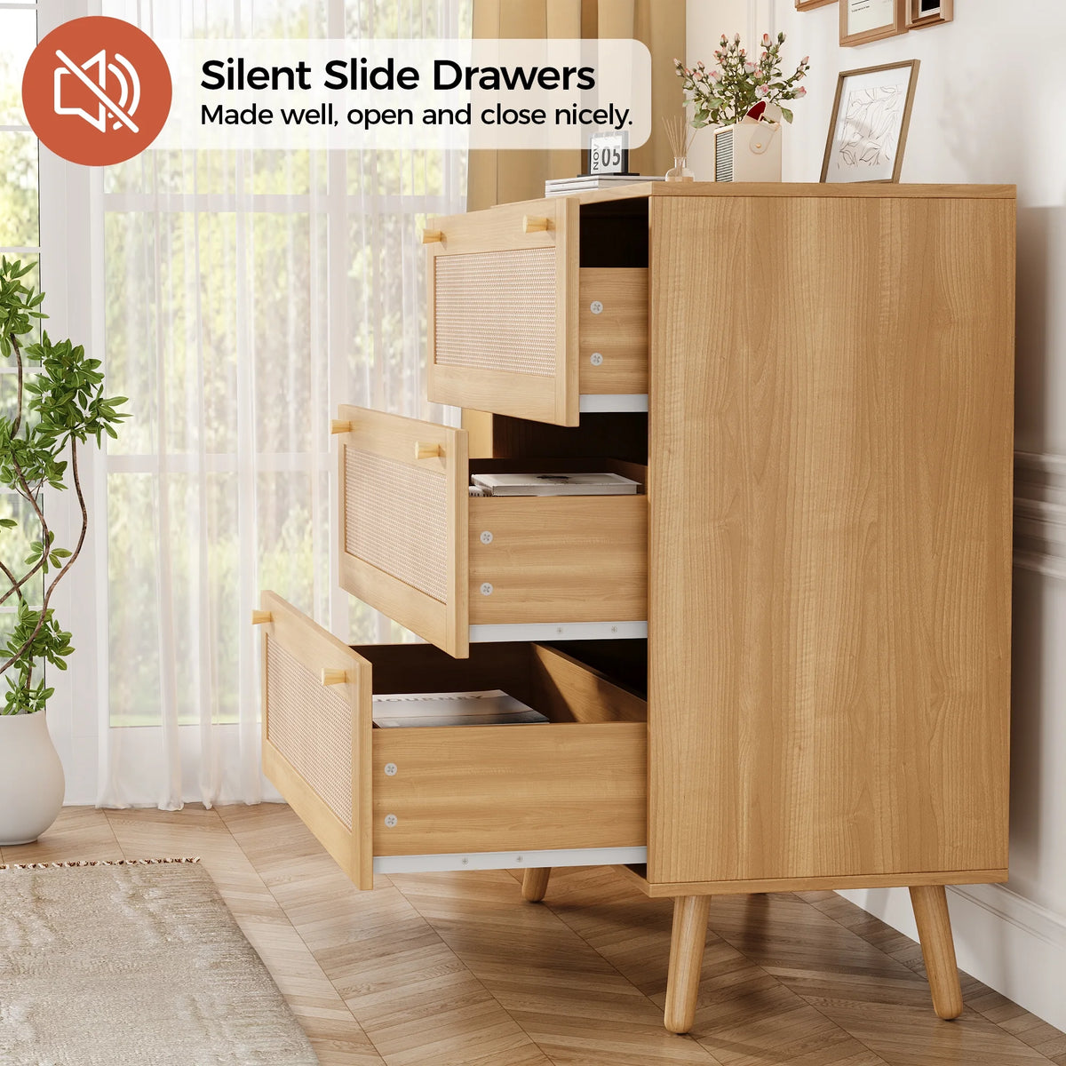 Farmhouse Rattan Dresser with 3 Drawers - Wooden Storage Chest for Bedroom, Living Room & Hallway, Vintage Style Organizer