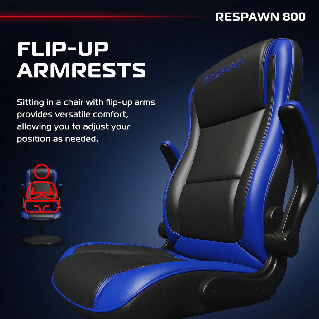 RESPAWN 800 Swivel Rocker Gaming Chair - Ergonomic Floor Gaming Seat with Lumbar Support, Flip Up Armrest, High Back, Pedestal Base, Comfortable No Wheels Console Video Game Rocker Chair - Red