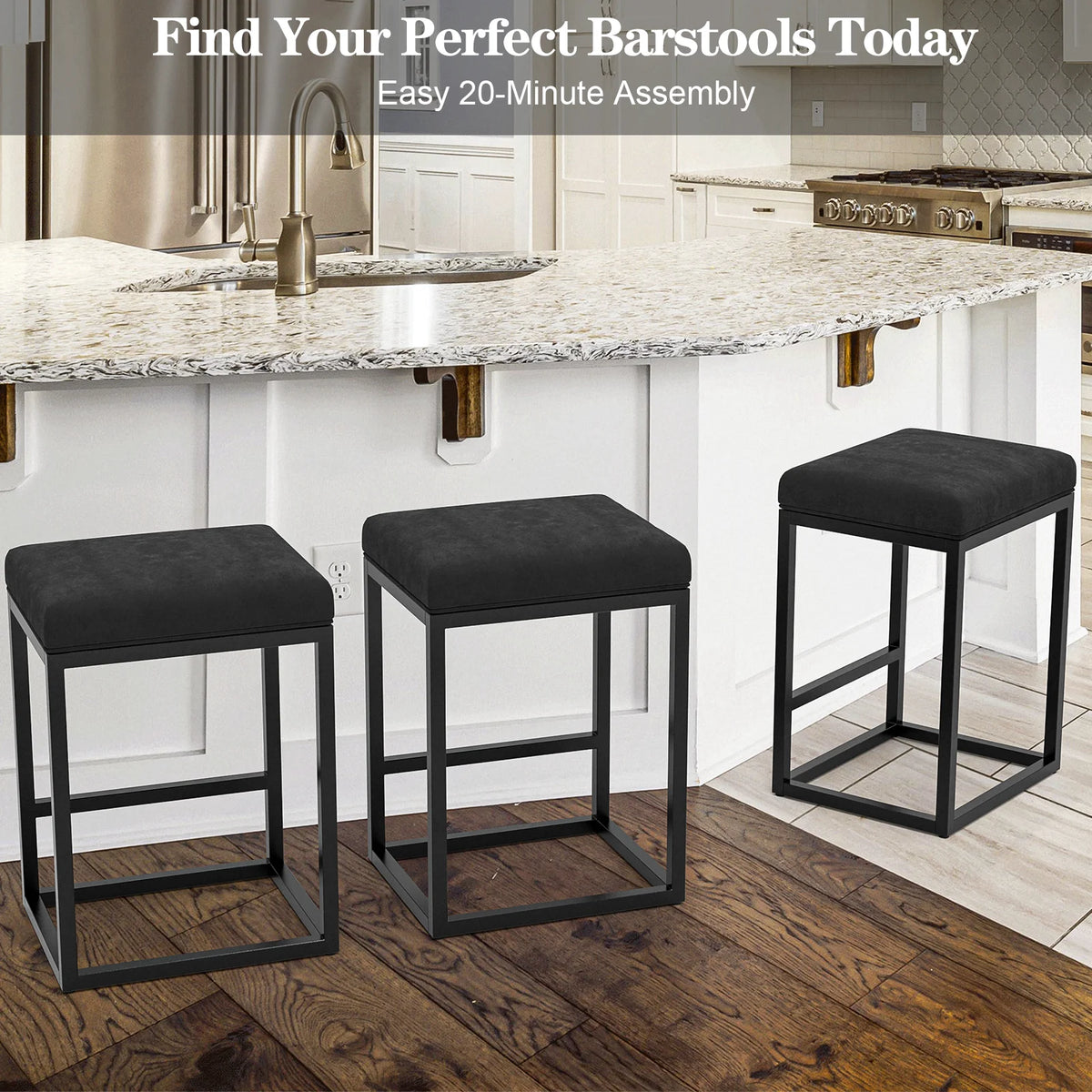 Nathaniel Home 24 Inch Bar Stools Set of 2, Modern PU Leather Metal Barstool, Backless Kitchen Dining Cafe Stool, Upholstered Bar Stool with Footrest, Gray