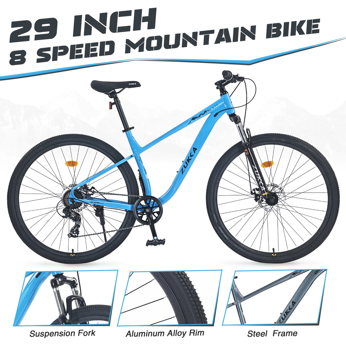 29" Mountain Bike 8 Speed Steel Frame City Bicycle with Front Suspension for Men Women, Gray