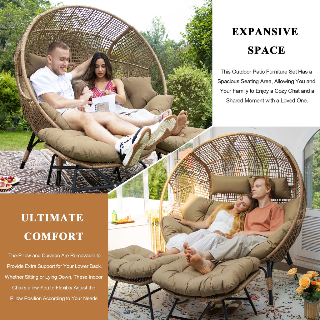 RADIATA 440 lbs Outdoor Egg Chair with Foot Rest & Ottoman, Wicker Patio Egg Chair for Indoor or Garden,Beige