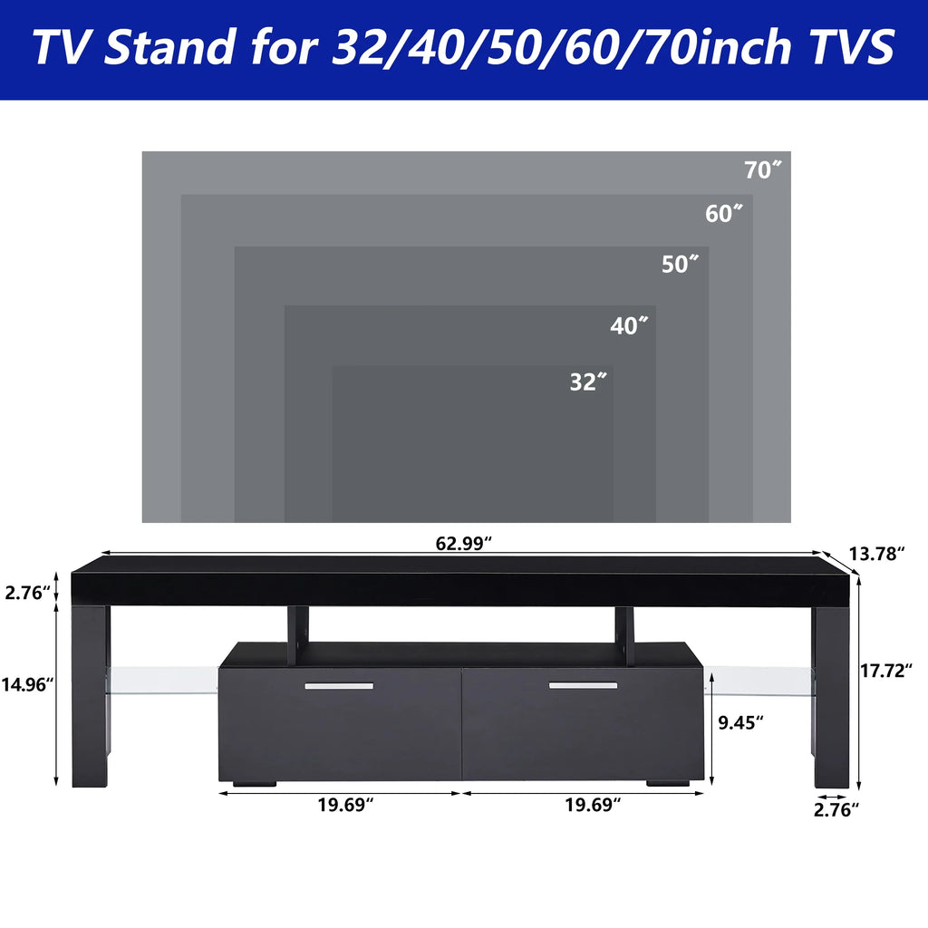 UHOMEPRO TV Stand for TV up to 70", Living Room Entertainment Center with RGB LED Lights and Storage Shelves Furniture, White High Gloss TV Cabinet Console Table