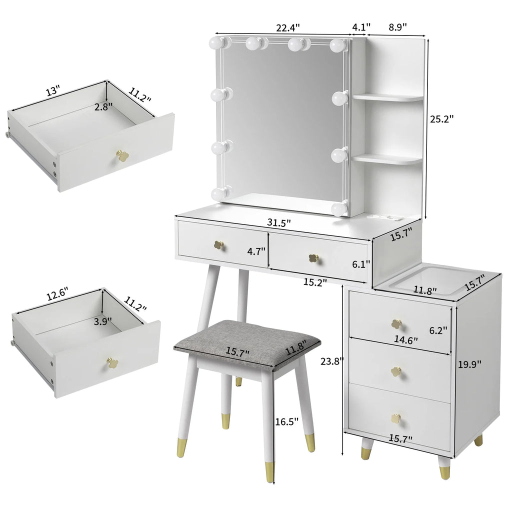 Kadyn Vanity Desk with Lighted Mirror, Vanity Table and Chair Set with 2 Drawers, Dressing Table Makeup Desk with 1 Door, Retro Gray