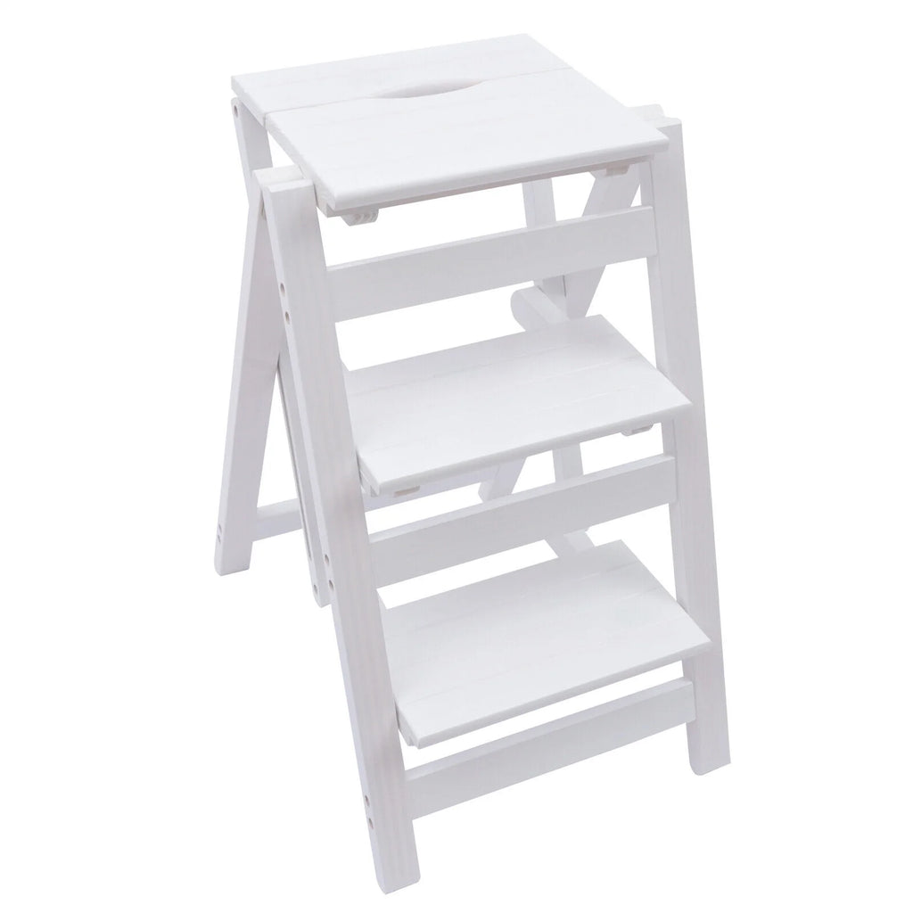 White 3-Tier Step Stool Solid Wood Folding Ladder Anti-Slip Step Stool