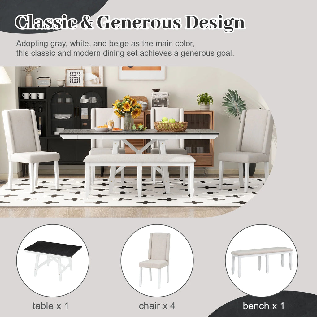 6 Piece Extendable Dining Table Set, Atumon Wood Dining Room Set for 6, Dining Table Set with 4 Beige Cushioned Chairs and Bench, Farmhouse Dining Table Set Furniture for Kitchen Dining Room, Natural