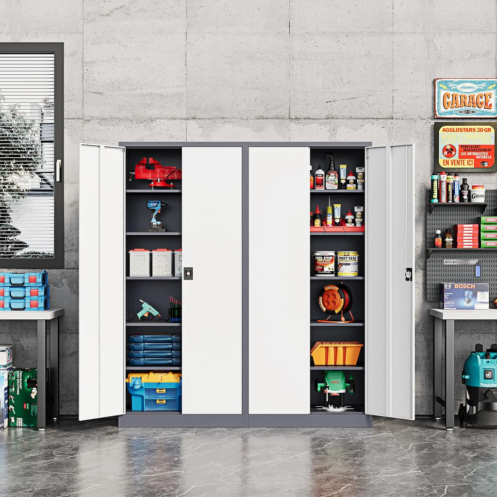 Fesbos Metal Garage Storage Cabinet,71" H Tall White Cabinet with 2 Doors and 5 Adjustbale Shelves,Lockable Tool Cabinet for Garage, Basement, Home Office