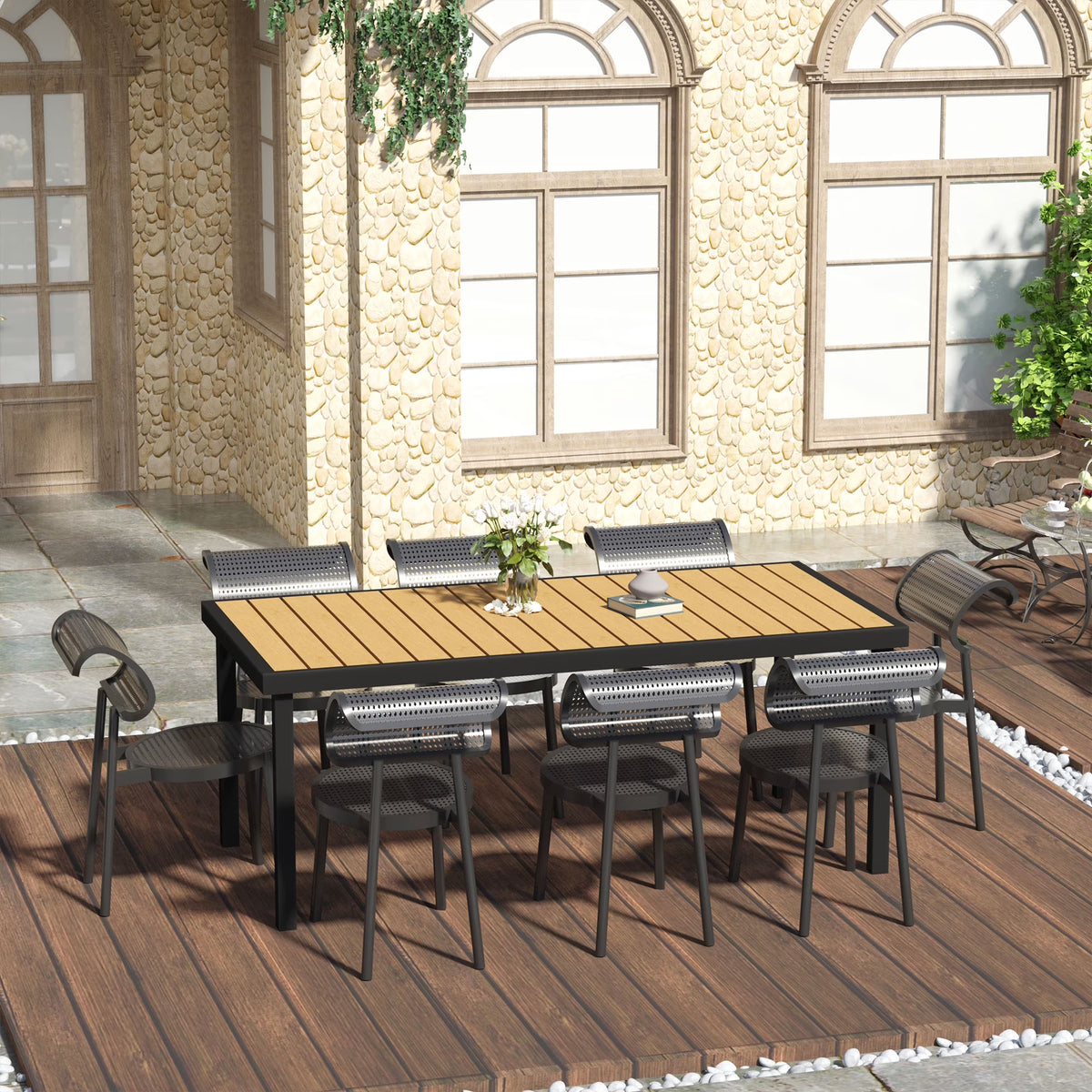 Outsunny 75" x 35" Outdoor Dining Table for 8 People, Rectangular Aluminum Frame Garden Table with All-Weather Faux Wood Top, Natural