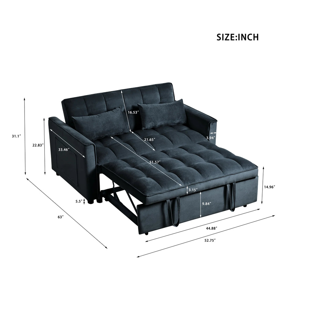 BINBANK Black Velvet 3-in-1 Convertible Sleeper Sofa Bed a?? USB Charging, Adjustable Backrest Pull-Out Futon Loveseat Couch for Living Room, Apartment & Small Space