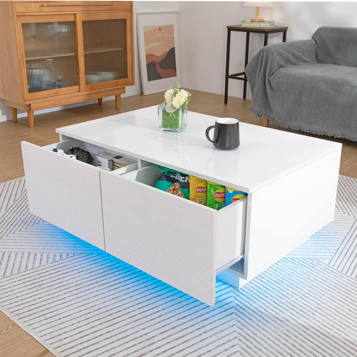 Hommpa Rectangular Coffee Table with LED Lights Tea Tables with 4 Drawers High Gloss Modern Living Room Furniture White Finish Sofa Side Table 37.4 x 23.6 x 15.4 Inches