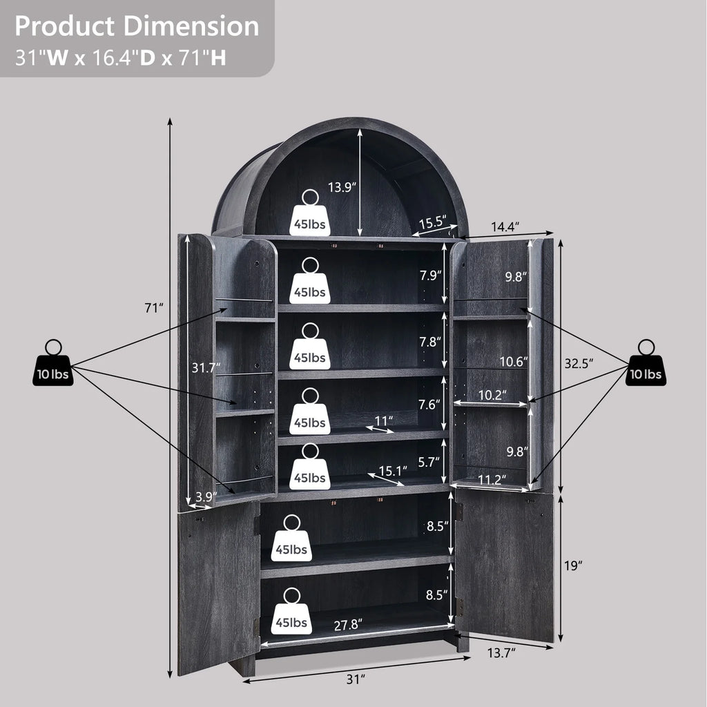 IFGET 71-Inch Arched 4-Tier Bookcase with Glass Doors and Drawers