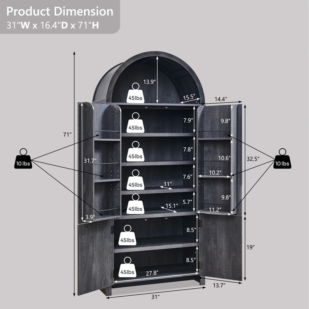 IFGET 71-Inch Arched 4-Tier Bookcase with Glass Doors and Drawers