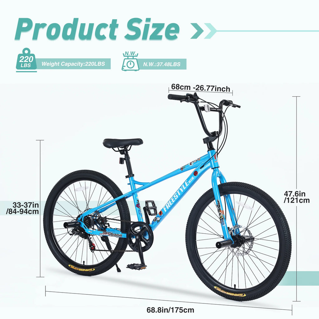 Aukfa 26" Freestyle BMX Bikes,Kids Mountain Bike for Boys Girls,Shimano 7 Speed,Double Disc Brakes,Blue