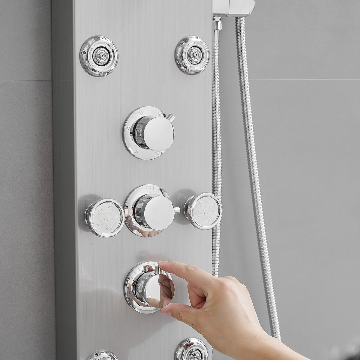 8-Jet Rainfall Shower Panel System with Rainfall Waterfall Shower Head and Shower Wand in chrome Nickel