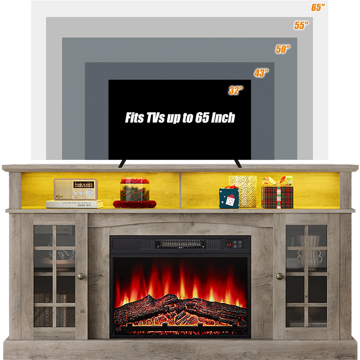 SESSLIFE Fireplace TV Stand for 65 Inch TV, TV Console with 23''Electric Fireplace, Console Entertainment Center Television Table for Living Room or Bedroom, Brown
