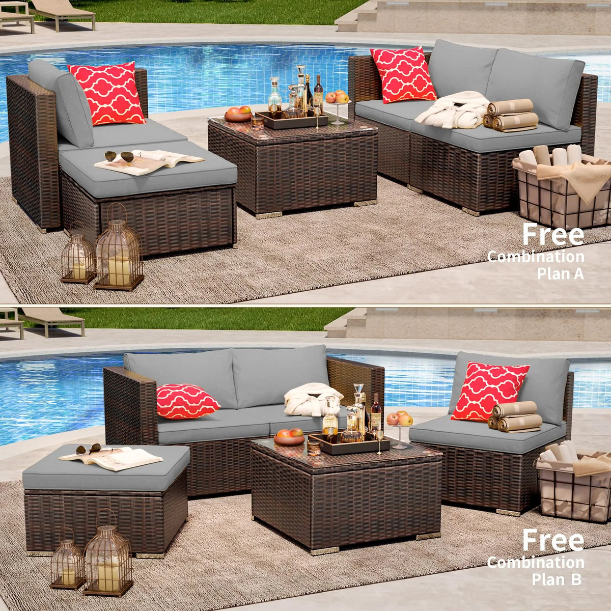 Patio Furniture Set Clearance, Lofka 5 Piece Outdoor Sectional Furniture Chair Set with Cushions and Tea Table, Gray
