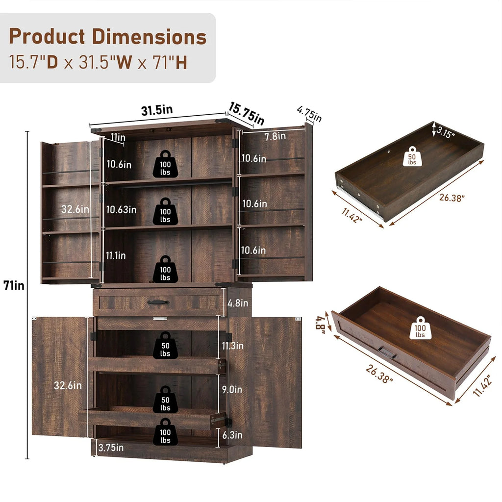 71" Tall Farmhouse Kitchen Pantry with 12 Side Shelves & Adjustable Shelves, 5 Layers Pantry Storage Cabinet w/Load-Bearing Steel Pipe & 4 Barn Doors for Kitchen, Dining Room, Living Room, Brown