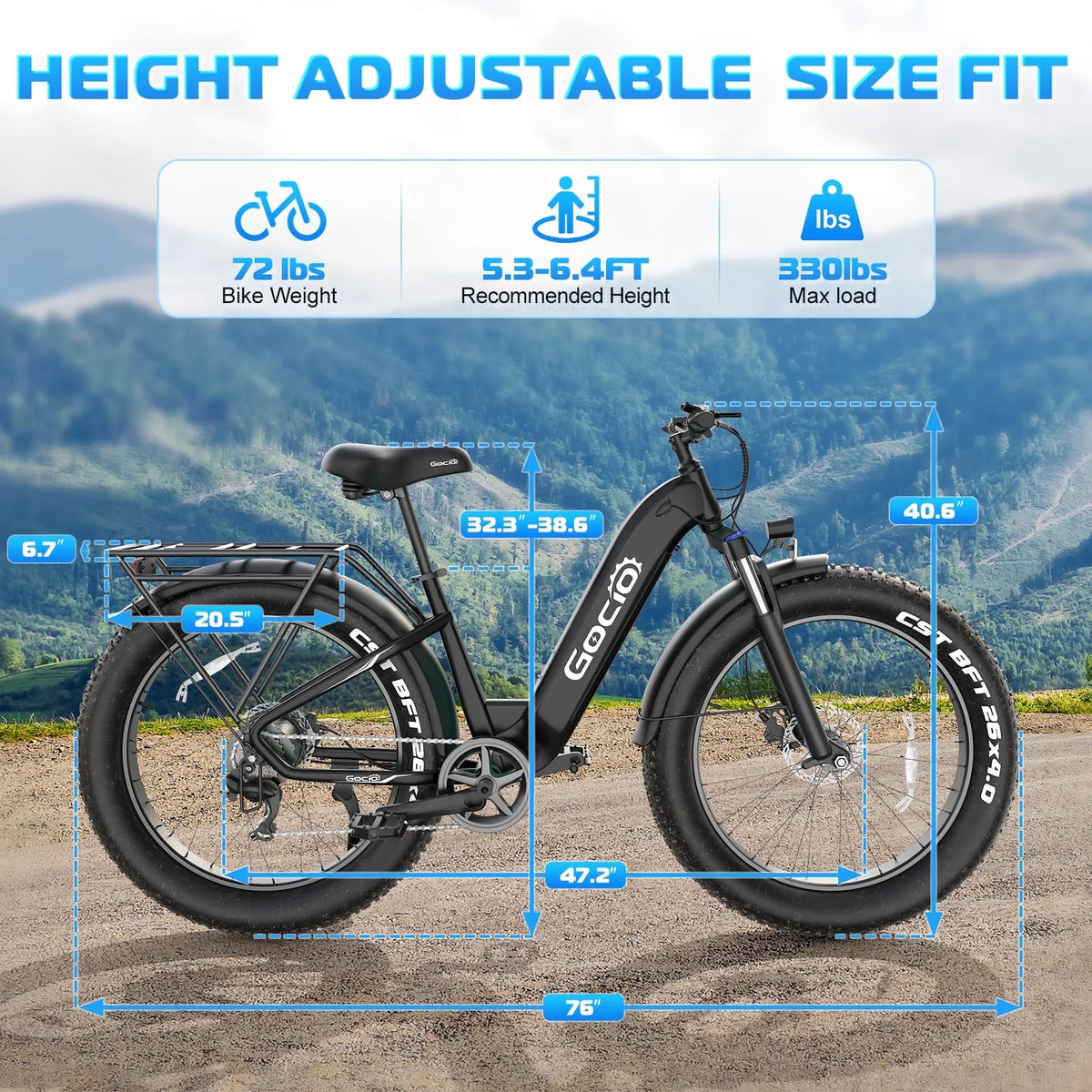 Gocio Electric Bike for Adults, 26" Fat Tire E-Mountain Bike, 1350W Peak Motor 48V 15Ah Battery, 22MPH 7-Speed Ebike for off Road, UL 2849