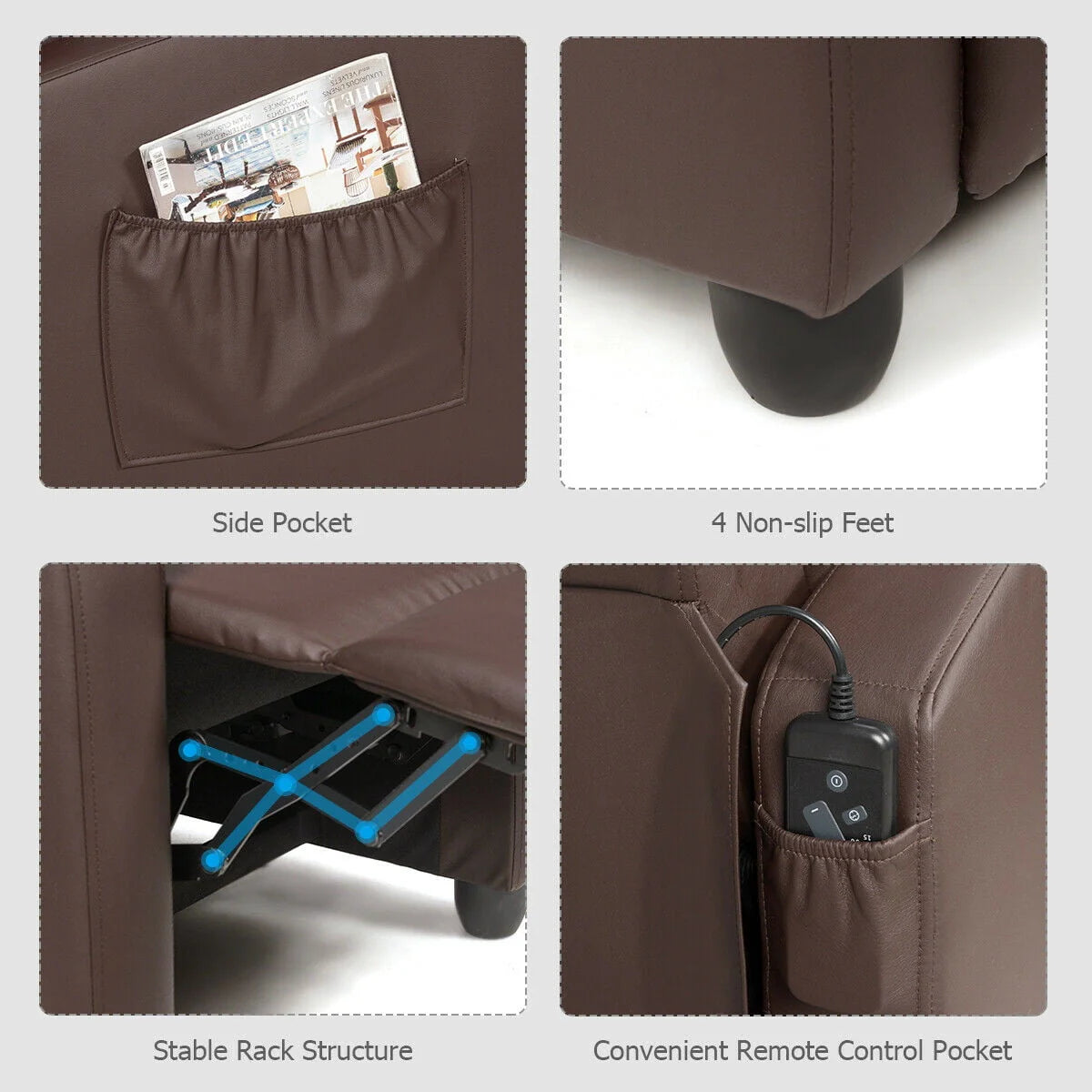 Gymax Massage Recliner Chair Single Sofa PU Leather Padded Seat w/ Footrest Brown
