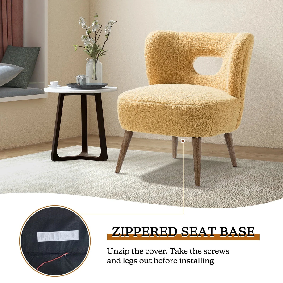 14 Karat Home Mini Vegan Lambskin sherpa Upholstery Barrel Chair in Mustard