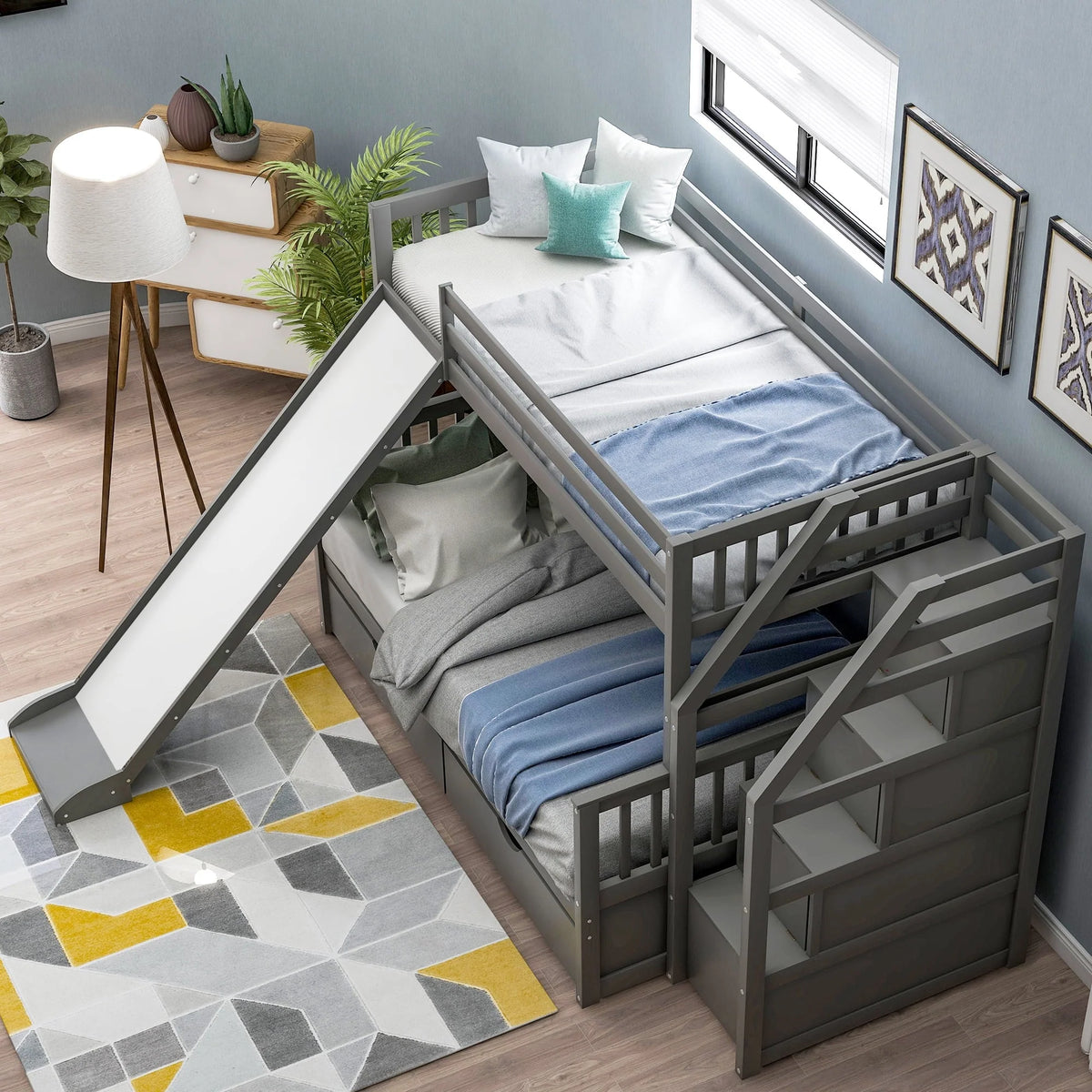 Euroco Wood Twin Over Full Bunk Bed with Drawers and Slide, Gray