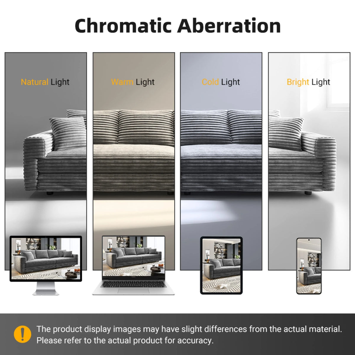 Alvantor 4-Seat Sofa 102" W Corduroy Upholstered Deep Seat Couches Convertible Chaise for Living Room, Apartment Grey