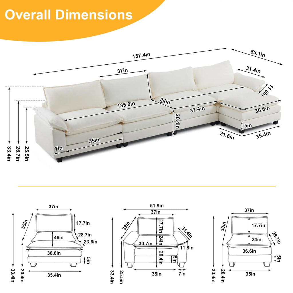 Zimtown Sectional Sofa with Ottoman, L Shaped Convertible Couch with Removable Chaise Chenille Fabric Sofa Set for 4-6 Persons Living Room Furniture Dark Grey