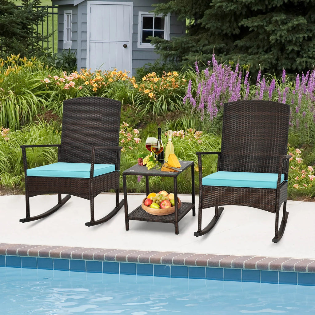 Costway Serenity 3 Piece Patio Rocking Wicker Rockers with White Cushions 2 Tier Coffee Table