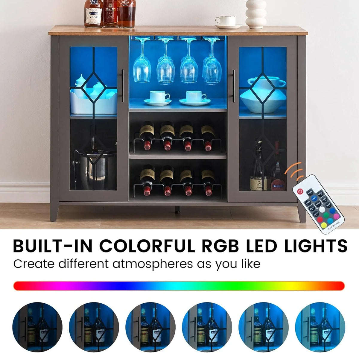 FOLDLIFE Wine Bar Cabinet with LED Lights, Liquor Cabinet Bar with Storage Cabinet, Coffee Cabinet with Bottles and Glass Rack, Buffet Sideboard with Storage Cabinet&Drawers,Dark Grey