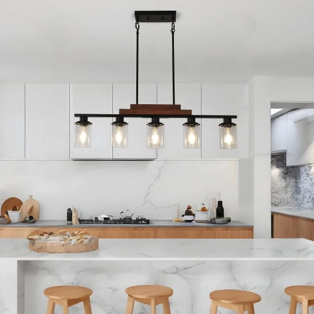 ACE-LIGHTS,Modern Industrial 5-Light Chandelier with Clear Glass Shades(Bulbs Not Included),Hanging Ceiling Light Fixture for Living Room,Dining Room,Kitchen Island(Black)