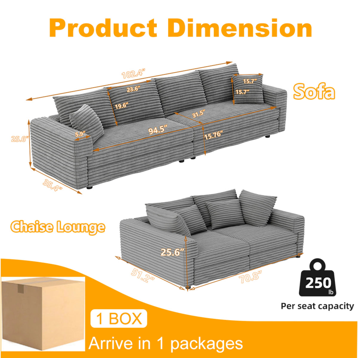 Alvantor 4-Seat Sofa 102" W Corduroy Upholstered Deep Seat Couches Convertible Chaise for Living Room, Apartment Grey