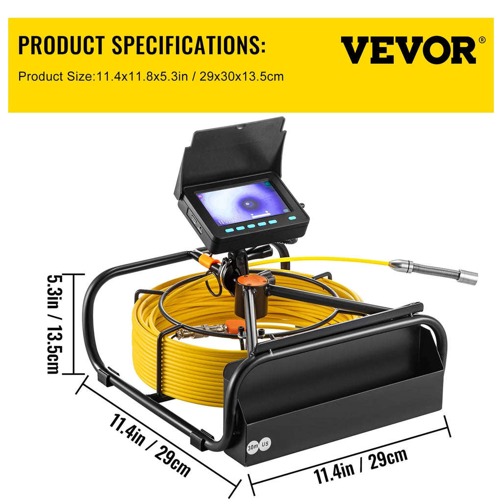 VEVOR Sewer Camera 30M Cable Pipeline Inspection Camera 11cm TFT LCD Monitor Pipe Camera Screen Waterproof IP68 Duct Inspection Camera with 6PCS LEDs 8500MAH Lithium Battery, DVR Function, 30M