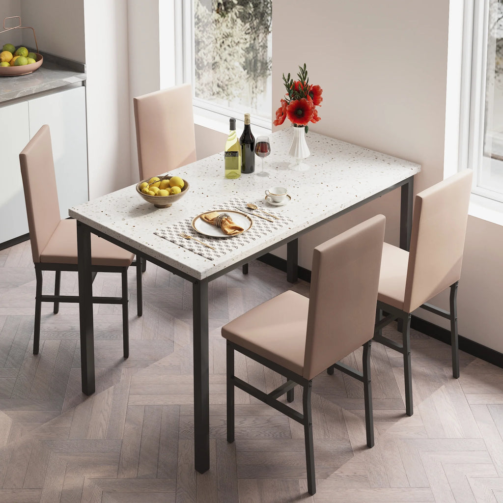 5 Piece Dining Set, Modern Dining Table and Chairs Set for 4, Counter Height Bar Table Set, Modern Pub Table with 4 Velvet Fabric Cushioned Stools, Faux Marble Dining Table & Stools Set, D9297