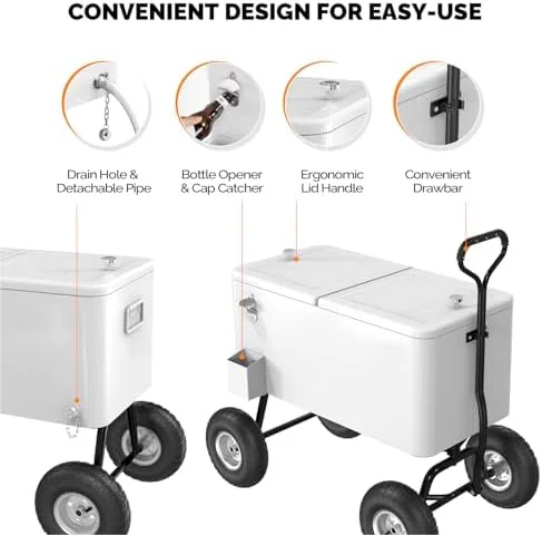 80 Quart Wagon Rolling Cooler Ice Chest, /Long Handle and 10" Wheels, Portable Beach Patio Party Bar Cold Drink Beverage, Outdoor Park Cart on Wheels