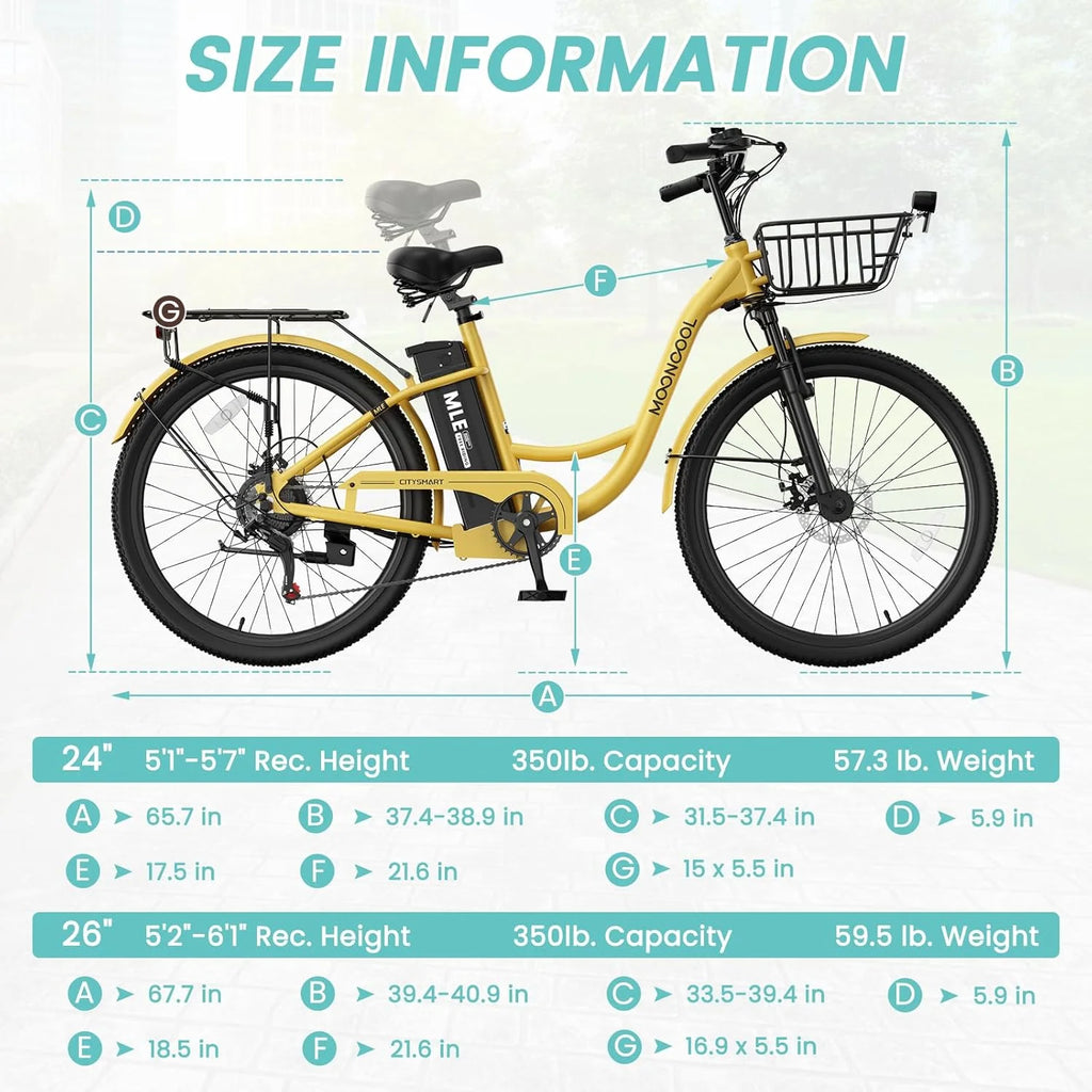 MOONCOOL Electric Bicycle for Adults 350W , 7-Speed Ebike with 36V 10.4Ah Removable Battery�� 40 Miles Range , 20 mph Electric Commuter Bike for Women Men, Certified to UL 2849 by SGS