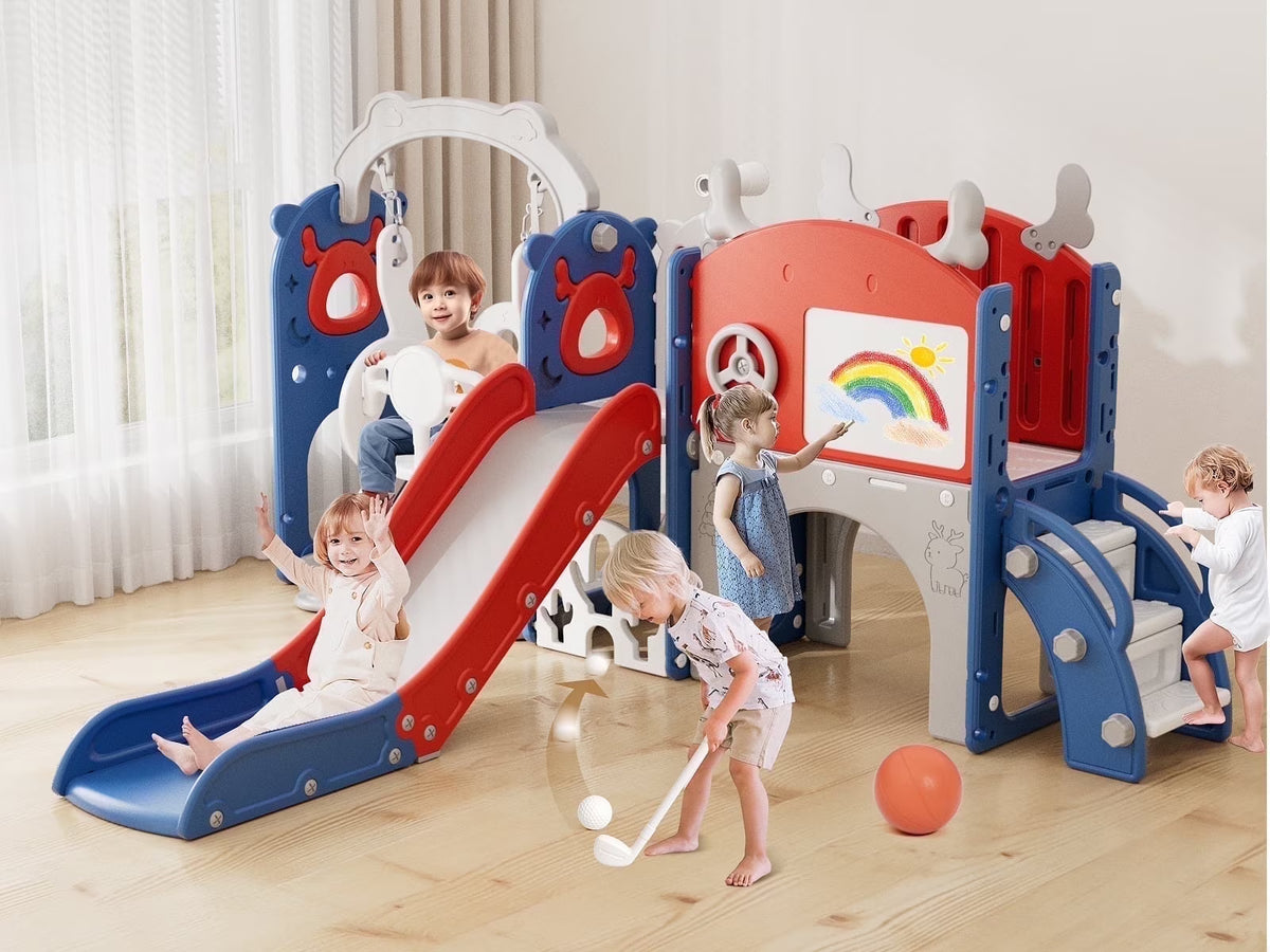 KORIMEFA 13-in-1 Toddler Slide, Kids Swing and Slide for Toddlers Age 1-4, Outdoor Indoor Playground Playset for Toddlers with Basketball Hoop and Ball Playset Telescope, Blue